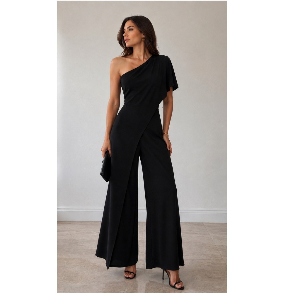 Alexia Admor Black One Shoulder Wide Leg Jumpsuit Ruffle Evening Formal Size 6